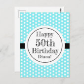 Blau und weiß 50. Geburtstag Polka Dots Postkarte (Vorne/Hinten)