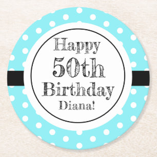 Blau und weiß 50. Geburtstag Polka Dots Runder Pappuntersetzer