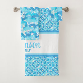 Blau und Weiß Abstrakt mit Namen Badhandtuch Set