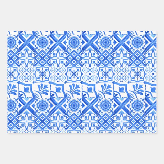 Blau und Weiß Azulejo Spanisch Azul Muster Wrappi Geschenkpapier Set (Vorderseite 3)