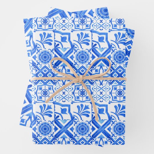 Blau und Weiß Azulejo Spanisch Azul Muster Wrappi Geschenkpapier Set (Beispiel)