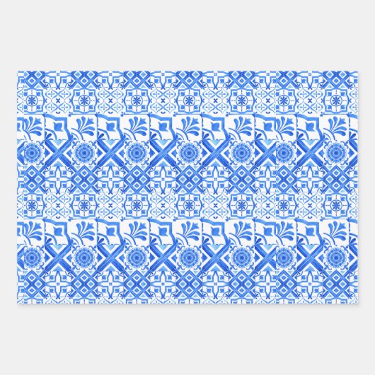 Blau und Weiß Azulejo Spanisch Azul Muster Wrappi Geschenkpapier Set (Vorderseite)