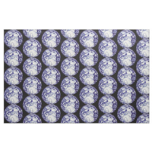 Blau und Weiß Bunny Rabbit Medallion Fabric Black Stoff