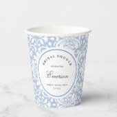 Blau und Weiß Cheminine Damask Muster Pappbecher (Vorderseite)