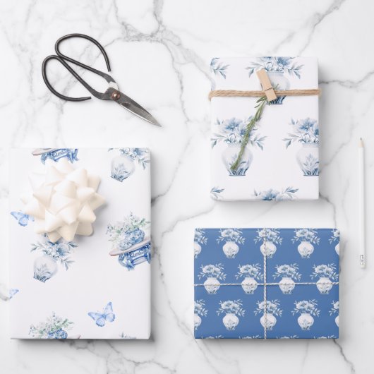 Blau und Weiß Chinoiserie Blumen Geschenkpapier Set (Vorderseite)