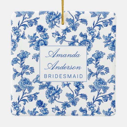 Blau und Weiß Chinoiserie Bridesmaid Geschenk Keramikornament (Rückseite)