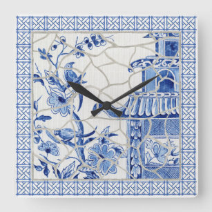 Blau und Weiß Chinoiserie Chic Bird Blumenmosaik Quadratische Wanduhr