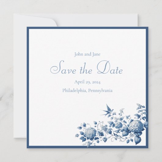Blau und Weiß Chinoiserie Muster Save The Date (Vorderseite)