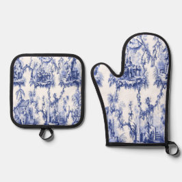 Blau und Weiß Chinoiserie Ofenhandschuh & Topflappen-Set
