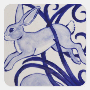 Blau und Weiß Deco Rabbit Tile Geschenkverpackung Quadratischer Aufkleber