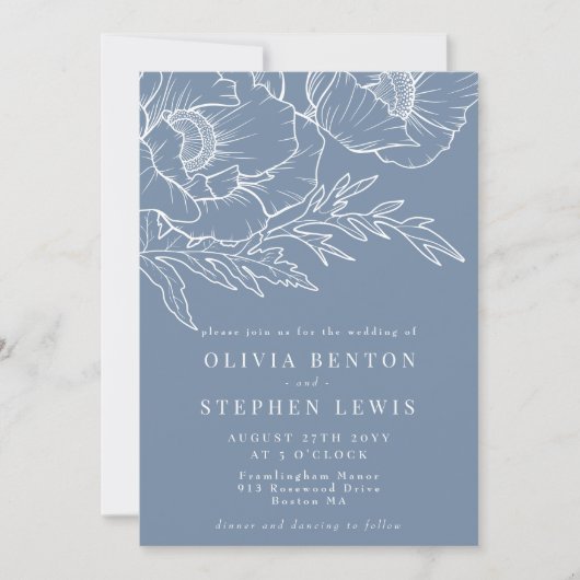 Blau und Weiß | Einfache Blumenhochzeit Einladung (Vorderseite)