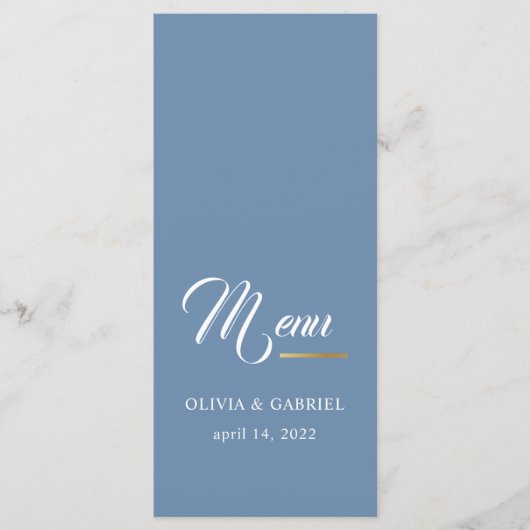 Blau und weiß. Einfache, stilvolle Hochzeitsmenü Menükarte (Vorderseite)