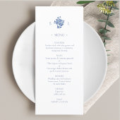 Blau und Weiß | Floral Monogram Flat Wedding Menu Menükarte