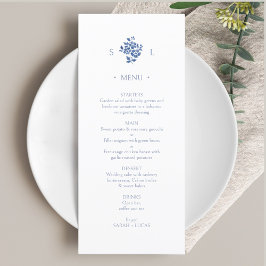 Blau und Weiß | Floral Monogram Flat Wedding Menu Menükarte
