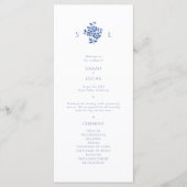 Blau und Weiß | Floral Monogram Wedding Program Menükarte (Vorderseite)