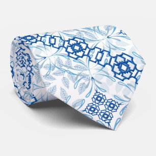 Blau und Weiß Geometrisch Blumig Chinoiserie Neck Krawatte