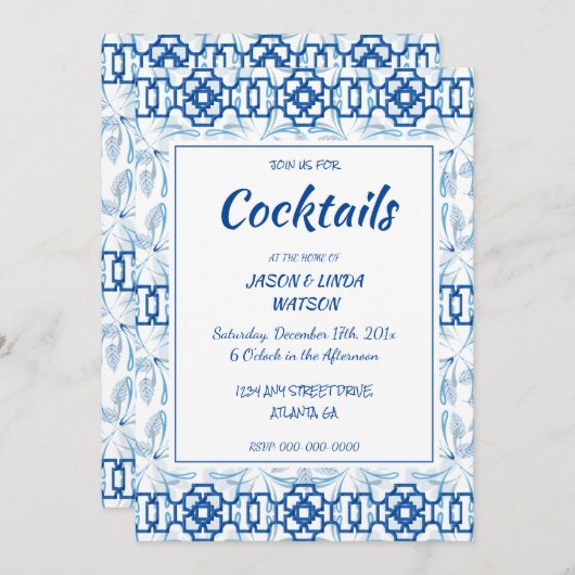 Blau und Weiß Geometrische Chinoiserie Einladung (Vorne/Hinten)