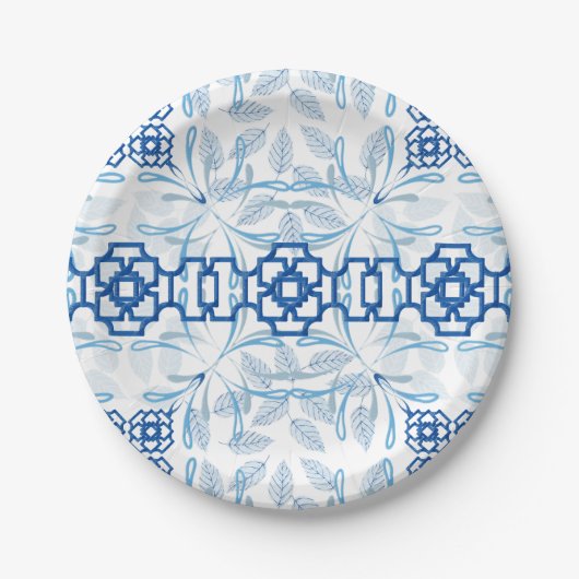 Blau und Weiß Geometrische Chinoiserie Pappteller (Vorderseite)