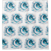 Blau und Weiß Halbmond Celestial Boho Moderne Duschvorhang (Vorderseite)