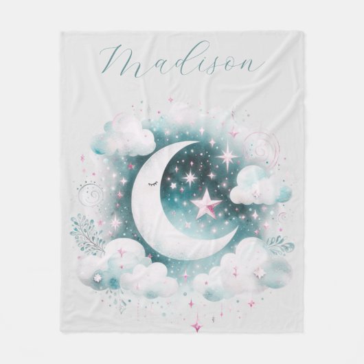 Blau und Weiß Halbmond Celestial Boho Moderne Fleecedecke (Vorderseite)