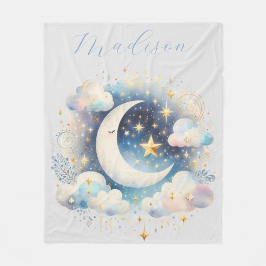 Blau und Weiß Halbmond Celestial Boho Moderne Fleecedecke (Vorderseite)