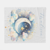Blau und Weiß Halbmond Celestial Boho Moderne Fleecedecke (Vorderseite (Horizontal))