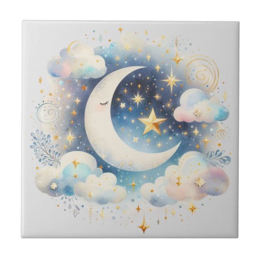 Blau und Weiß Halbmond Celestial Boho Moderne Fliese (Vorderseite)