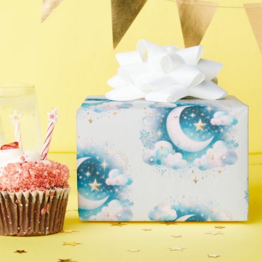 Blau und Weiß Halbmond Celestial Boho Moderne Geschenkpapier (Geburtstagsparty)