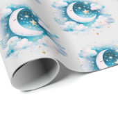 Blau und Weiß Halbmond Celestial Boho Moderne Geschenkpapier (Rolleneckpunkt)