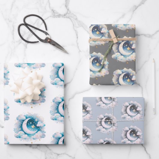 Blau und Weiß Halbmond Celestial Boho Moderne Geschenkpapier Set (Vorderseite)