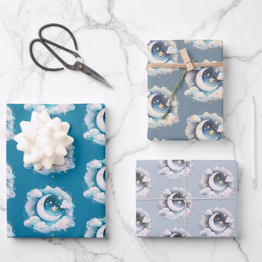 Blau und Weiß Halbmond Celestial Boho Moderne Geschenkpapier Set (Vorderseite)