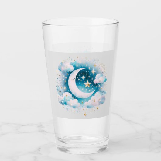 Blau und Weiß Halbmond Celestial Boho Moderne Glas (Vorderseite)