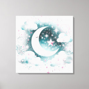 Blau und Weiß Halbmond Celestial Boho Moderne Leinwanddruck