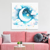 Blau und Weiß Halbmond Celestial Boho Moderne Leinwanddruck (Insitu (Wohnzimmer))