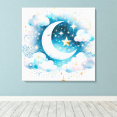 Blau und Weiß Halbmond Celestial Boho Moderne Leinwanddruck (Insitu (Holzboden))