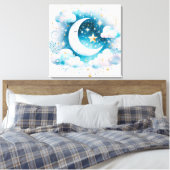 Blau und Weiß Halbmond Celestial Boho Moderne Leinwanddruck (Insitu (Schlafzimmer))