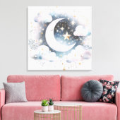 Blau und Weiß Halbmond Celestial Boho Moderne Leinwanddruck (Insitu (Wohnzimmer))