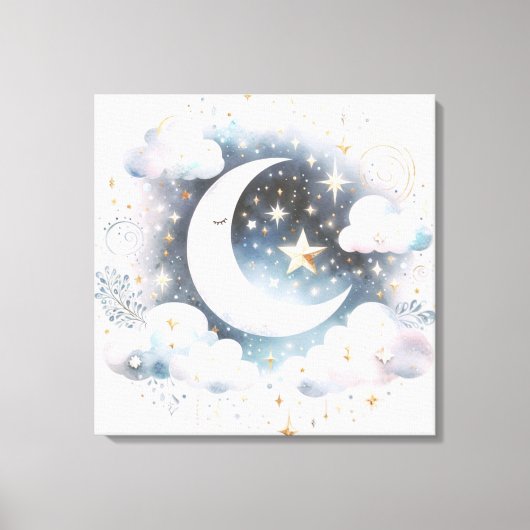 Blau und Weiß Halbmond Celestial Boho Moderne Leinwanddruck (Vorderseite)
