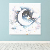 Blau und Weiß Halbmond Celestial Boho Moderne Leinwanddruck (Insitu (Holzboden))