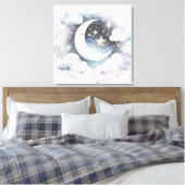 Blau und Weiß Halbmond Celestial Boho Moderne Leinwanddruck (Insitu (Schlafzimmer))