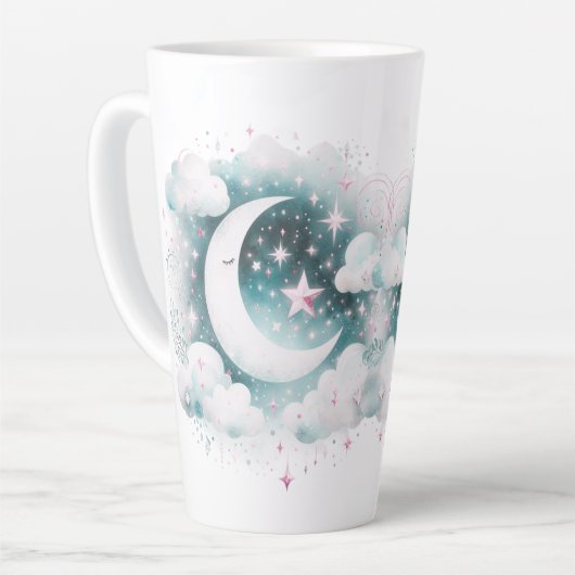 Blau und Weiß Halbmond Celestial Boho Moderne Milchtasse (Linke Ecke)