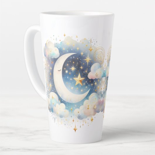 Blau und Weiß Halbmond Celestial Boho Moderne Milchtasse (Linke Ecke)
