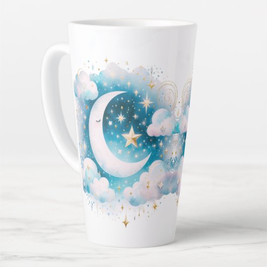 Blau und Weiß Halbmond Celestial Boho Moderne Milchtasse (Linke Ecke)
