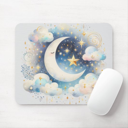 Blau und Weiß Halbmond Celestial Boho Moderne Mousepad (Mit Mouse)