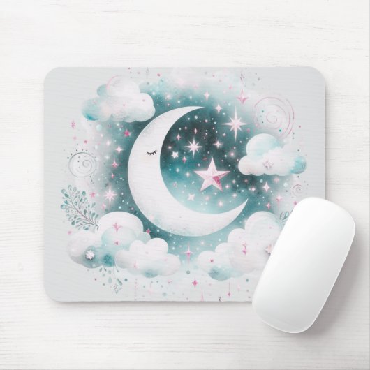 Blau und Weiß Halbmond Celestial Boho Moderne Mousepad (Mit Mouse)