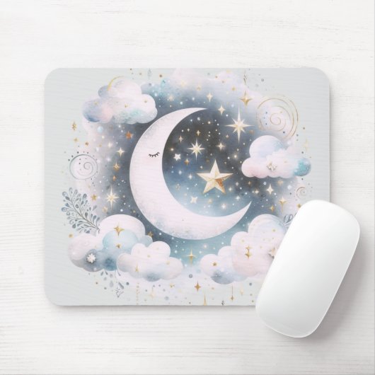 Blau und Weiß Halbmond Celestial Boho Moderne Mousepad (Mit Mouse)