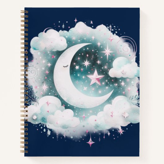 Blau und Weiß Halbmond Celestial Boho Moderne Notizblock (Vorderseite)