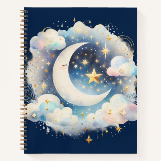 Blau und Weiß Halbmond Celestial Boho Moderne Notizblock (Vorderseite)