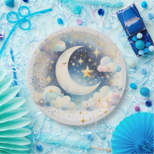 Blau und Weiß Halbmond Celestial Boho Moderne Pappteller (Party)