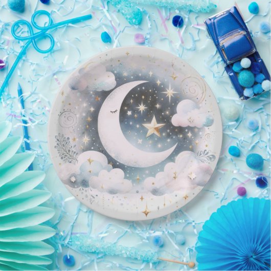 Blau und Weiß Halbmond Celestial Boho Moderne Pappteller (Party)